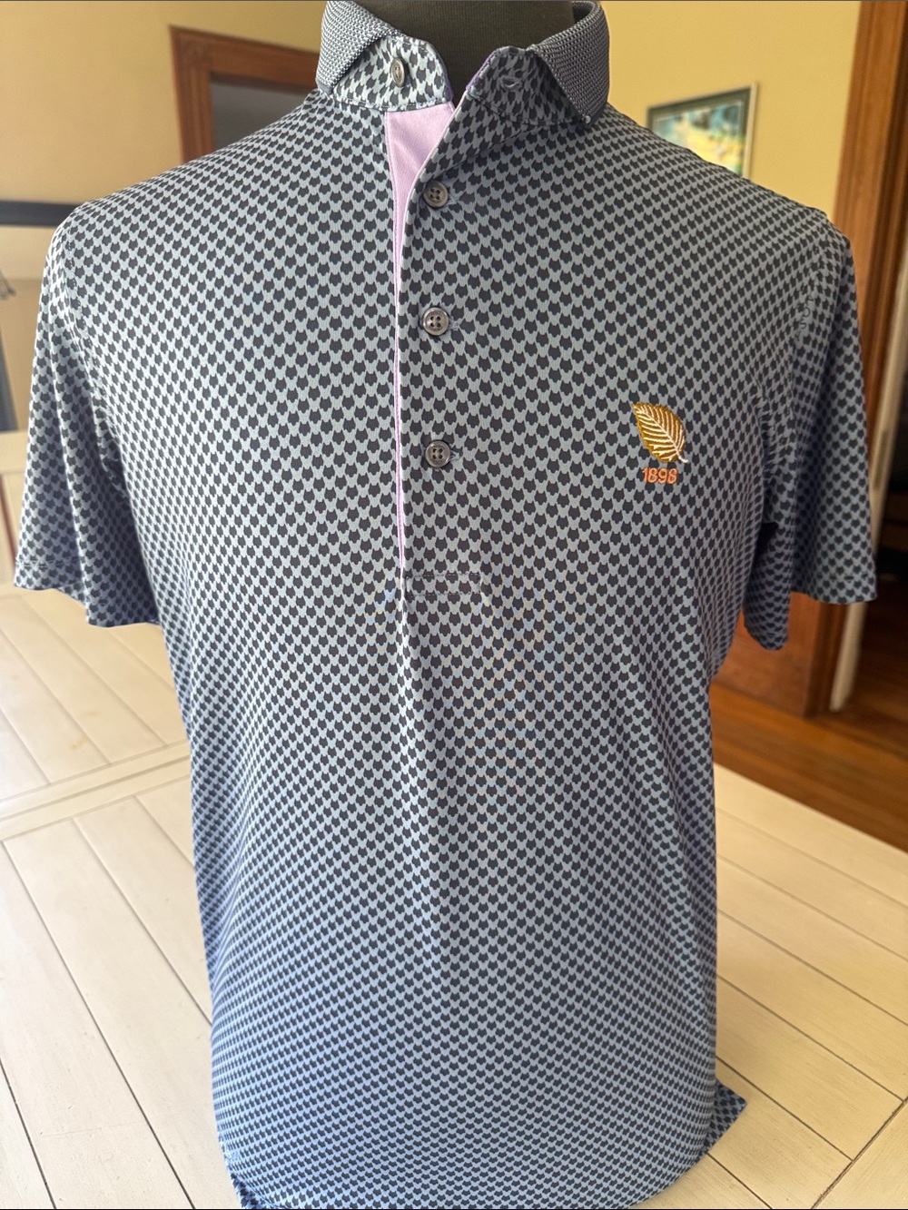 Greyson Men's Blue Geometric Polo with Contrast Pink Placket
